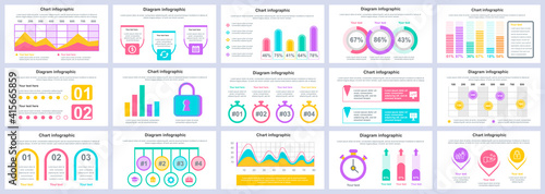 Bundle business and finance infographics presentation slides template. Different charts, diagrams, workflow, flowchart, timeline, schemes design template. Vector info graphic and infographics set.