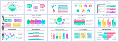 Bundle business and finance infographics presentation slides template. Different charts, diagrams, workflow, flowchart, timeline, schemes design template. Vector info graphic and infographics set.