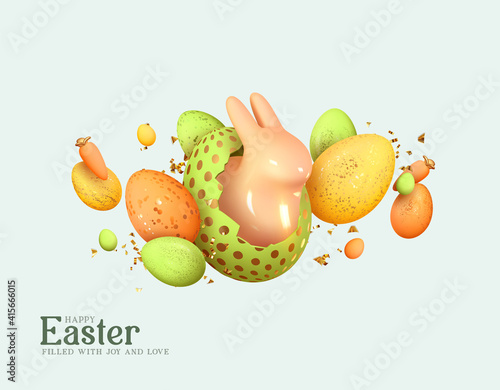 Happy Easter Holiday background. Festive design with realistic decoration elements, Easter bunny and eggs. Soft pastel spring colors. Banner, web poster, flyer cover, stylish brochure, greeting card.