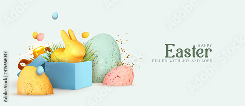 Easter day design. Realistic blue gifts boxes. Open gift box full of decorative festive object. Holiday banner, web poster, flyer, stylish brochure, greeting card, cover. Spring Easter background