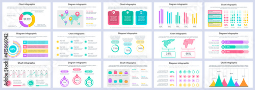 Bundle business and finance infographics presentation slides template. Different charts, diagrams, workflow, flowchart, timeline, schemes design template. Vector info graphic and infographics set.