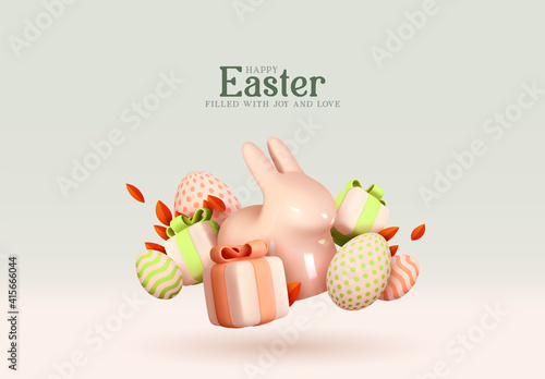 Happy Easter Holiday background. Festive design with realistic decoration elements 3d rabbit and gift box. Easter bunny and eggs. Banner, web poster, flyer cover, stylish brochure, greeting card.