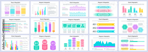 Bundle business and finance infographics presentation slides template. Different charts, diagrams, workflow, flowchart, timeline, schemes design template. Vector info graphic and infographics set.