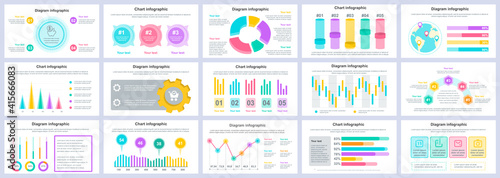 Bundle business and finance infographics presentation slides template. Different charts, diagrams, workflow, flowchart, timeline, schemes design template. Vector info graphic and infographics set.