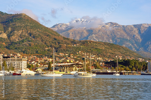 Beautiful winter Mediterranean landscape. Montenegro, Bay of Kotor. View of Tivat city and Lovcen mountain