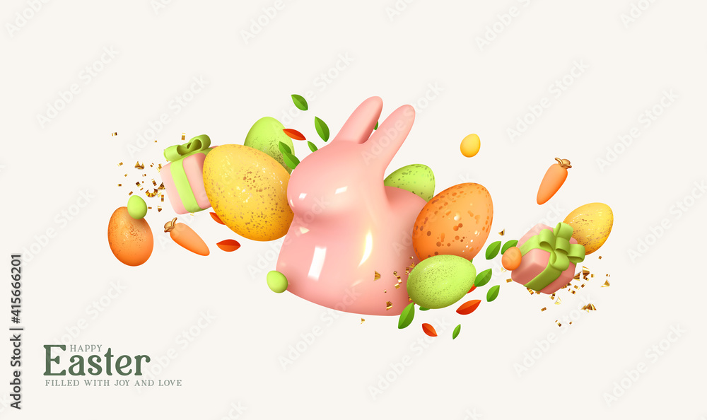 Happy Easter Holiday background. Festive design with realistic decoration elements, Easter bunny and eggs. Soft pastel spring colors. Banner, web poster, flyer cover, stylish brochure, greeting card.