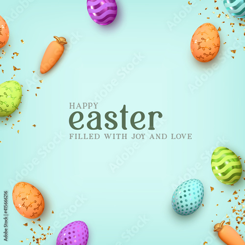 Happy Easter. Multicolored Easter eggs on a blue background with realistic carrots and golden confetti. Holiday Banner and web poster, flyer and brochure. Vector illustration
