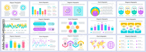 Bundle business and finance infographics presentation slides template. Different charts, diagrams, workflow, flowchart, timeline, schemes design template. Vector info graphic and infographics set.