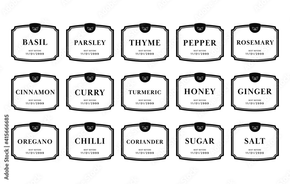 Kitchen seasoning pantry label sticker design set in simple classic frame design style Stock