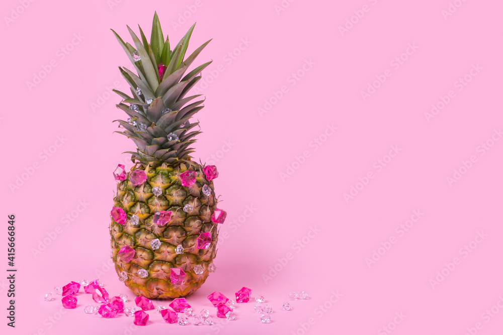 Fototapeta Glamorous female pineapple hipster with bright diamonds, stylish fruit.