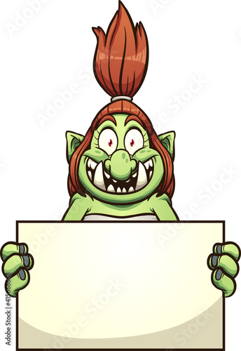 Female troll with big smile holding a blank sign. Vector clip art illustration. Some elements on separate layers. 
