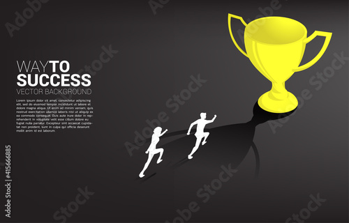 Silhouette businessman running to champion trophy. Business Concept of leadership goal and vision mission