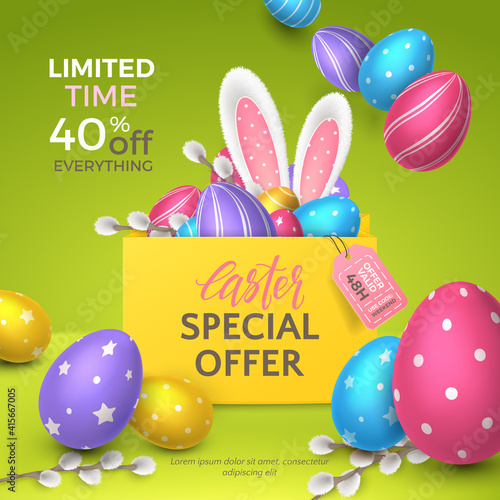 Vector fun sale banner with fur ears of bunny, tag, pussy willow, coloured realistic 3D eggs in shopping bag and text Easter. Festive cartoon layout with green background for holiday discount flyers.