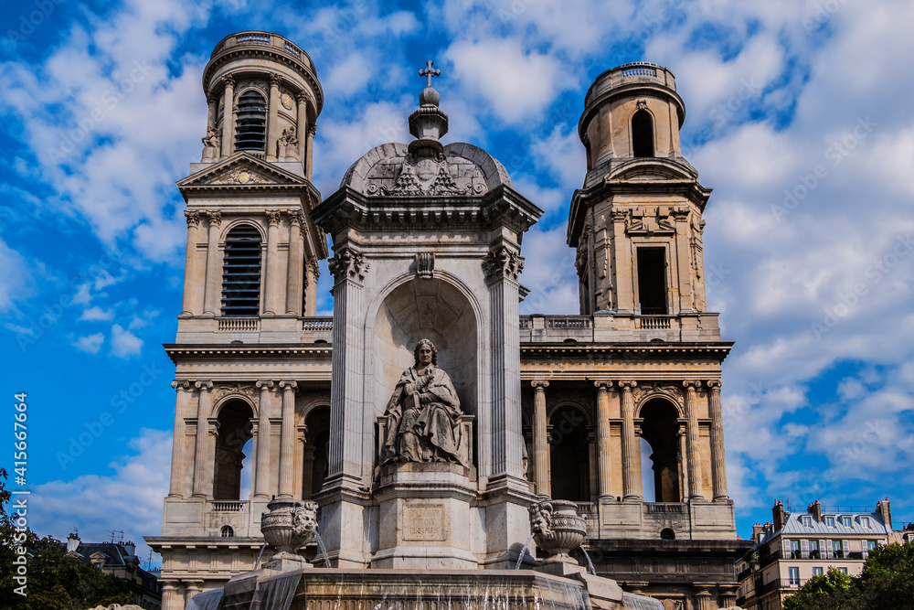 View of Saint-Sulpice church. Built in 1754 Eglise Saint-Sulpice is one of the biggest churches in Paris. Saint-Germain-des-Pres district, Place Saint-Sulpice, Paris, France.