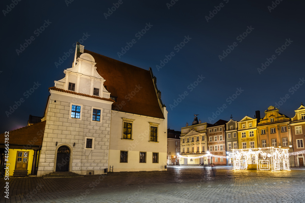 Night in Poznan, Old town by night, cityscape and colorful lights of the Market Square, Poland