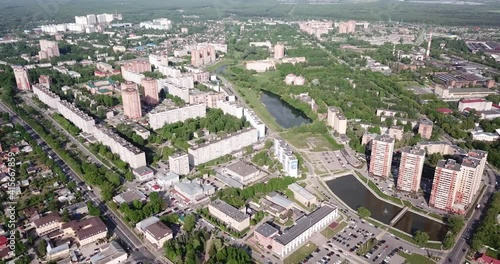 Aerial view of modern residential areas of Chekhov city in sunny spring day, Russia photo