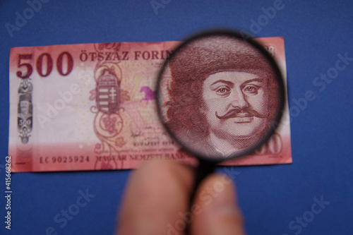 Hungarian 500 forint banknote, on it Portrait of II. Ferenc Rákóczi. Examine through the magnifying glass. Bank image and photo.