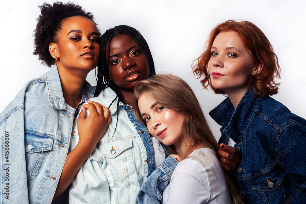 diverse multi nation girls group, teenage friends company cheerful having fun, happy smiling, cute posing isolated on white background, lifestyle people concept, african-american and caucasian diverse multi nation girls group, teenage friends company cheerful having fun, happy smiling, cute posing isolated on white background, lifestyle people concept, african-american and caucasian