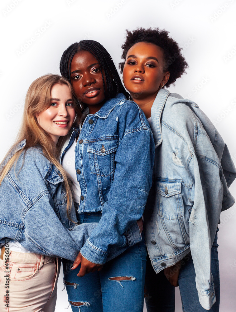 diverse multi nation girls group, teenage friends company cheerful having fun, happy smiling, cute posing isolated on white background, lifestyle people concept, african-american and caucasian diverse multi nation girls group, teenage friends company cheerful having fun, happy smiling, cute posing isolated on white background, lifestyle people concept, african-american and caucasian