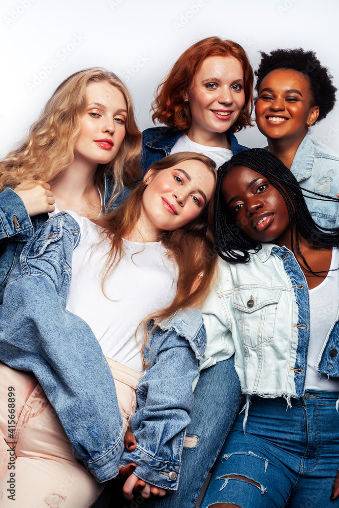 Fototapeta premium diverse multi nation girls group, teenage friends company cheerful having fun, happy smiling, cute posing isolated on white background, lifestyle people concept, african-american and caucasian