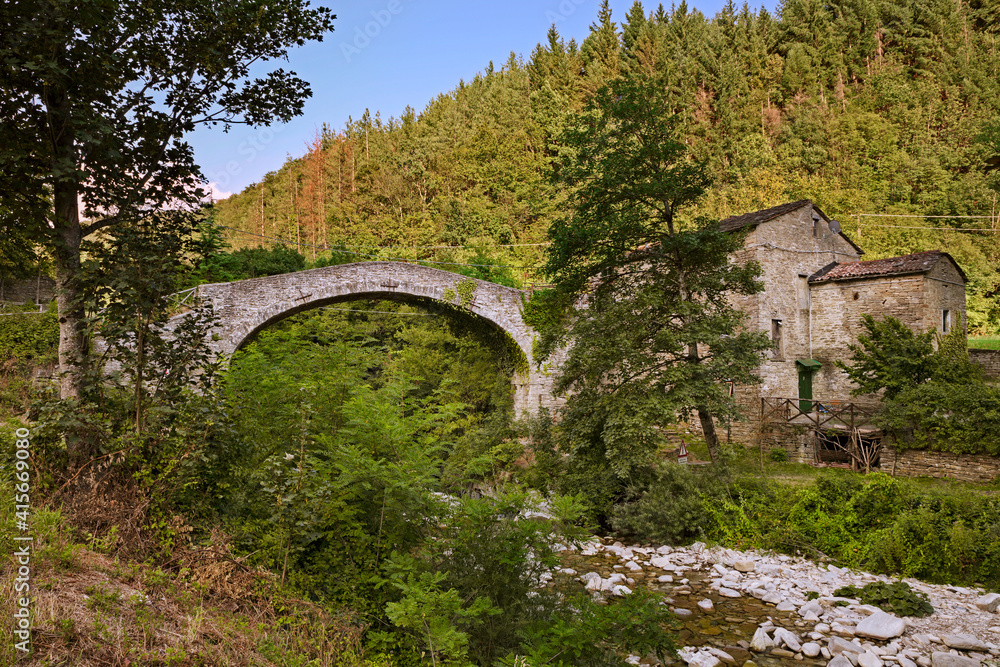 Premilcuore, Forli-Cesena, Emilia-Romagna, Italy: the ancient arch bridge built around 1600 over the river Rabbi on the Apennine mountains
