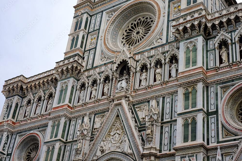 Low angle view of famous Santa Maria del Fiore chatedral facade in Florence,Italian Monuments