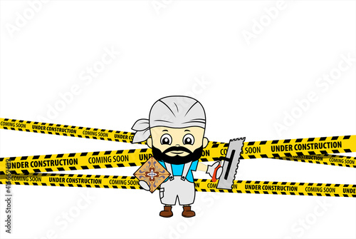 Under Construction Concept with cute tiler worker with Notch trowel . flat design vector illustration