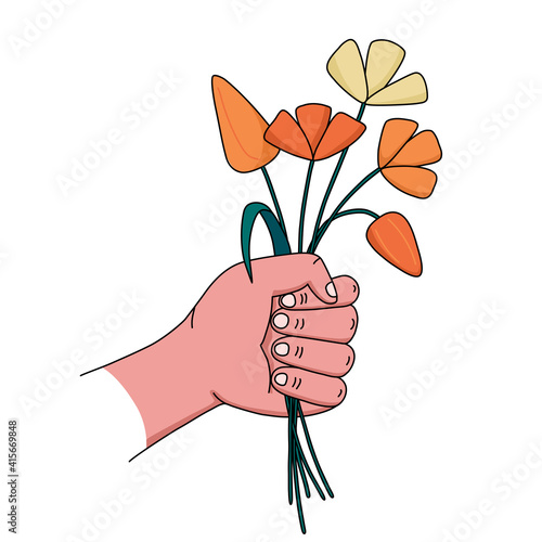 Hand holds flowers. Realistic hand on white background.