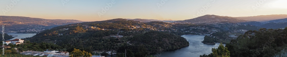 Panorama landscape during sunset sunrise in summer in castelo de paiva, douro, oporto, portugal