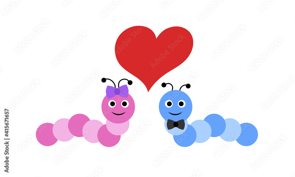 Caterpillar girl and caterpillar boy with red heart isolated on white background. Cute cartoon character. Vector illustration. Flat design Caterpillar girl and caterpillar boy with red heart isolated on white background. Cute cartoon character. Vector illustration. Flat design