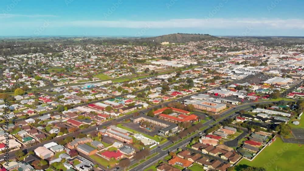 Mt Gambier, Australia. Panoramic aerial view of city skyline and countryside on a sunny spring day Mt Gambier, Australia. Panoramic aerial view of city skyline and countryside on a sunny spring day