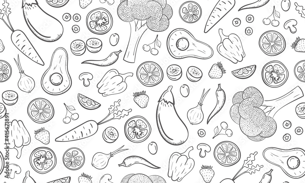 Seamless hand drawn fruit and vegetables pattern. Vegetarian healthy food concept. Monochrome vector vintage background.