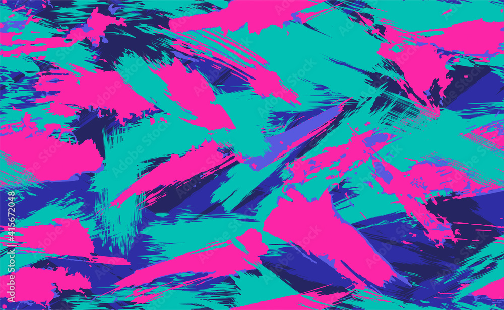 Neon Seamless camouflage pattern of brush strokes. Multicolor camouflage in cyberpunk style with neon flowers, perfect for clothes. 
Seamless pattern of grunge strokes. Vector illustration - obrazy, fototapety, plakaty 