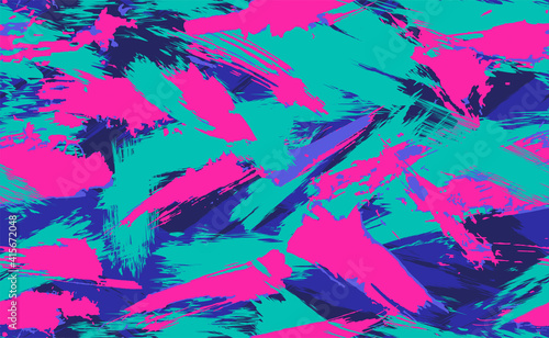 Neon Seamless camouflage pattern of brush strokes. Multicolor camouflage in cyberpunk style with neon flowers, perfect for clothes. 
Seamless pattern of grunge strokes. Vector illustration photo