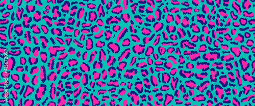 Neon seamless pattern, leopard print with acid colors in retro-futuristic 80s - 90s style. Neon leopard background in cyberpunk style. Vector seamless pattern. Exotic animals abstract background.