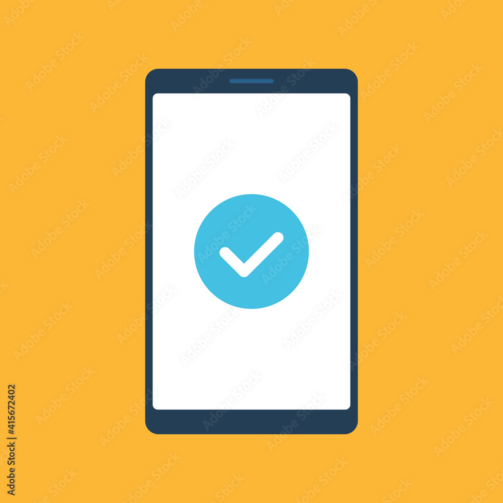Mobile phone and check mark icon. Flat design. Vector illustration Mobile phone and check mark icon. Flat design. Vector illustration