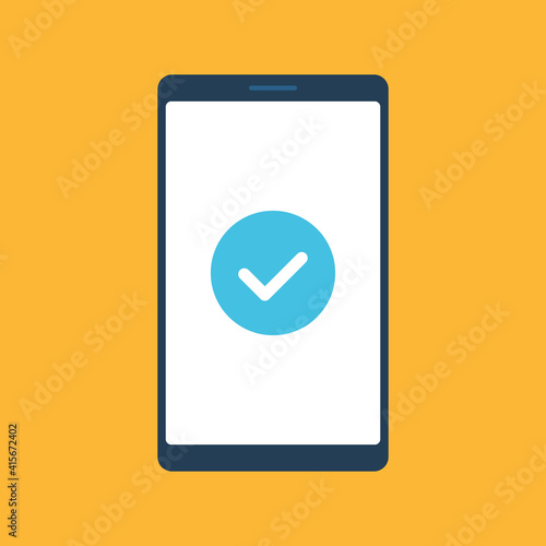 Mobile phone and check mark icon. Flat design. Vector illustration