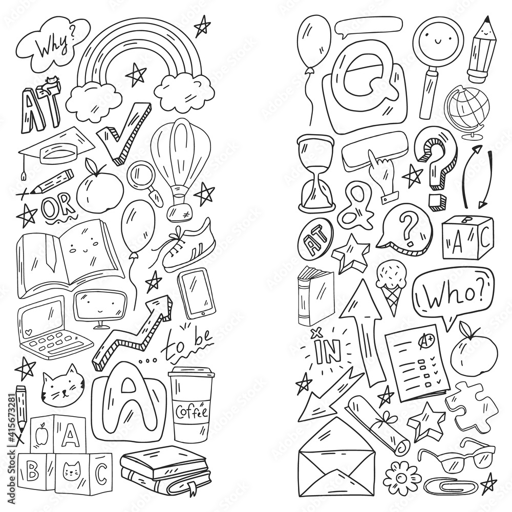 Concept of learning English. Online language courses. E-learning. Pattern with vector icons. Concept of learning English. Online language courses. E-learning. Pattern with vector icons.