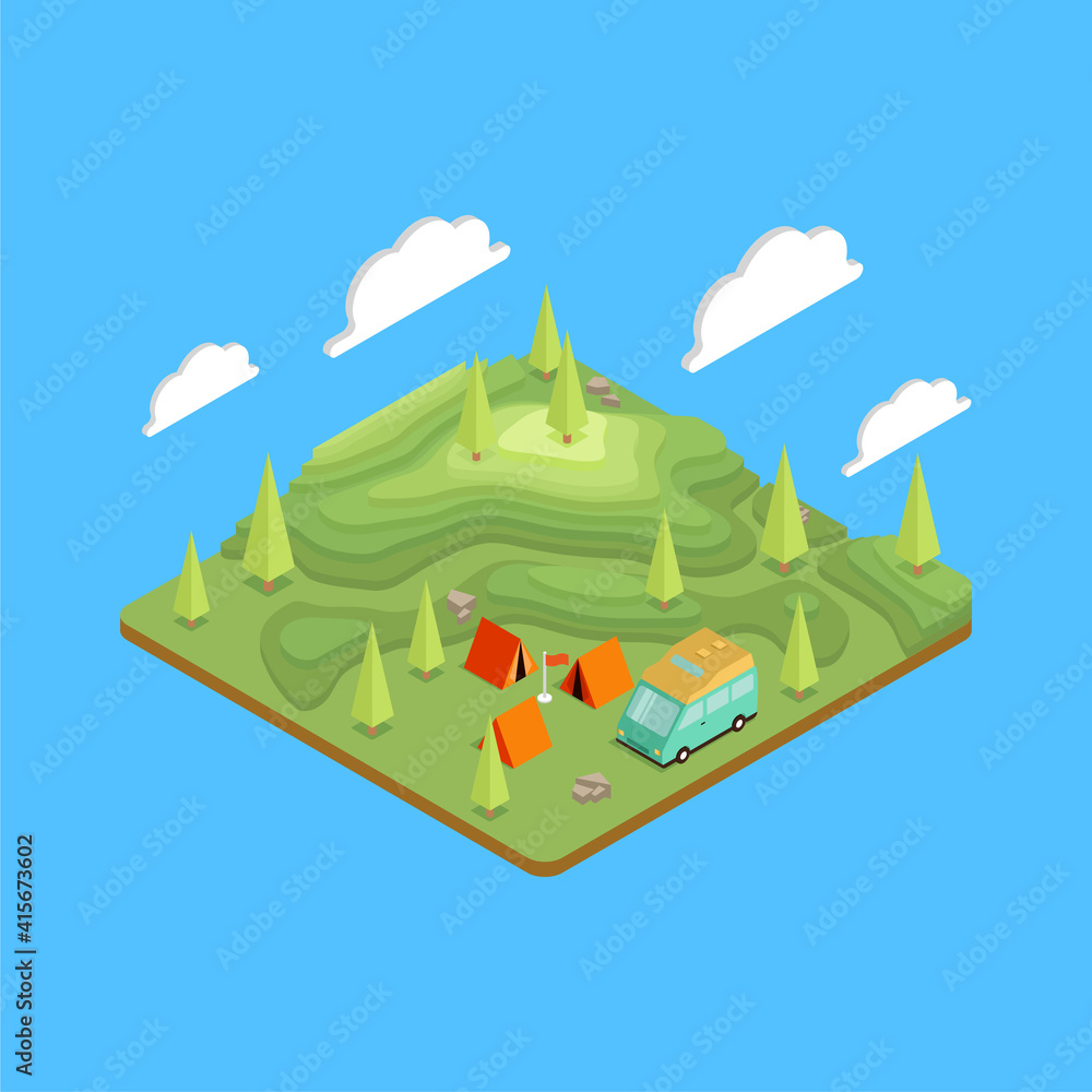Isometric terrain with topography. Camping, hiking and travel outdoor. 
Mountains and plains. GPS map navigation. Isometric cartoon colorful vector illustration.