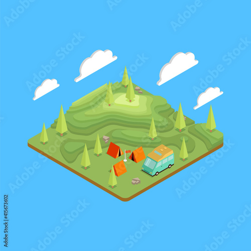 Isometric terrain with topography. Camping, hiking and travel outdoor. Mountains and plains. GPS map navigation. Isometric cartoon colorful vector illustration.