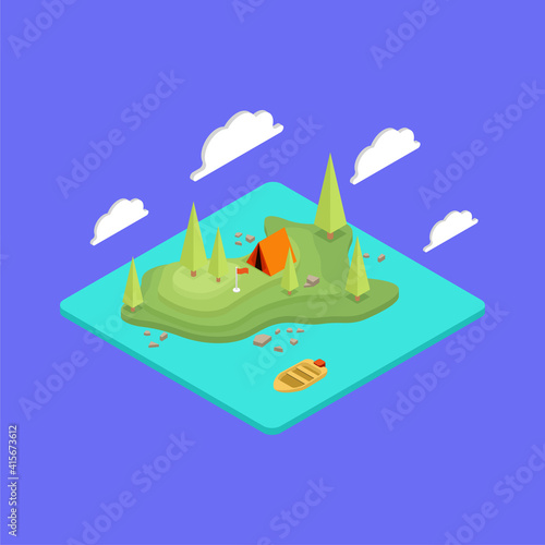 Isometric terrain with topography. Camping, hiking and travel outdoor. 
Mountains and plains. GPS map navigation. Isometric cartoon colorful vector illustration.