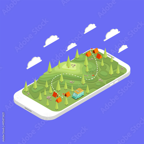 Isometric terrain with topography. Camping, hiking and travel outdoor. 
Mountains and plains. GPS map navigation. Isometric cartoon colorful vector illustration.