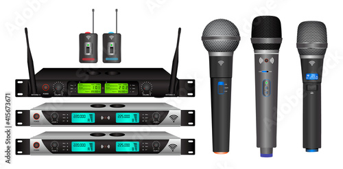 set of realistic wireless microphone or microphone transmitter receiver or module wireless microphone dual channel mic concept. eps 10 vector, easy to modify