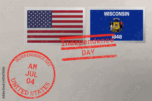 Postage stamp envelope with Wisconsin and USA flag and 4-th July stamps, vector.