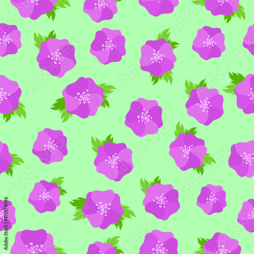 Simple spring vector pattern. Pink flowers on a green background.