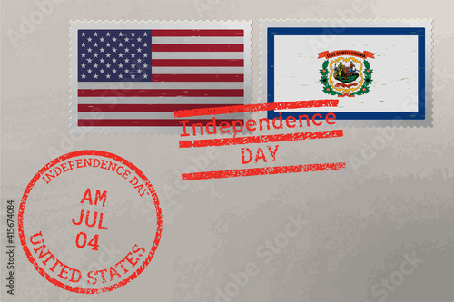 Postage stamp envelope with West Virginia and USA flag and 4-th July stamps, vector.