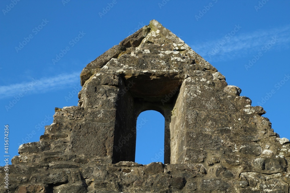 Close-up of remains of external wall and window  of Creevelea Abbey, a 16th century Franciscan friary at Dromahair, County Leitrim, Ireland