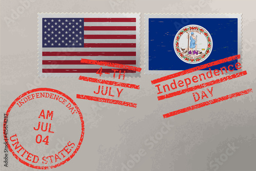 Postage stamp envelope with Virginia and USA flag and 4-th July stamps, vector.