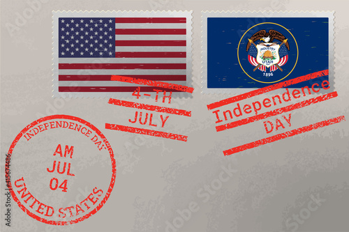 Postage stamp envelope with Utah and USA flag and 4-th July stamps, vector.