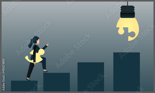 
Vector illustration of a business woman carrying a puzzle piece to the top chart, a symbol of success and growth. Eps 10
